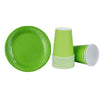 A set of solid lime green disposable tableware including a plate and a cup.
