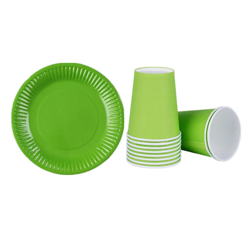 A set of solid lime green disposable tableware including a plate and a cup.