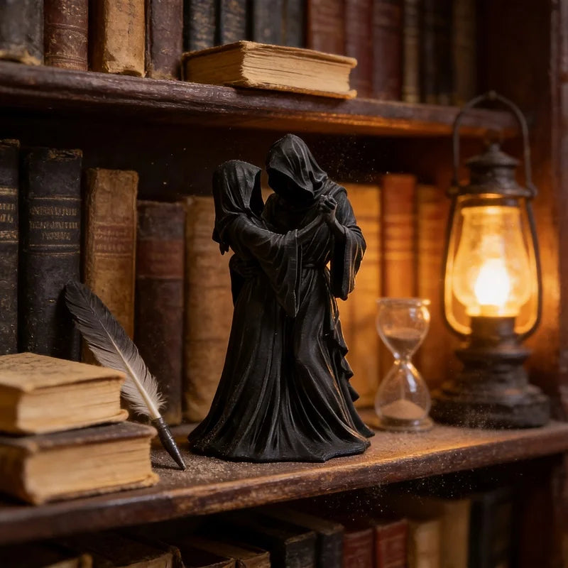 A dark sculpture of a Gothic Grim Reaper couple embracing, displayed on a wooden bookshelf.