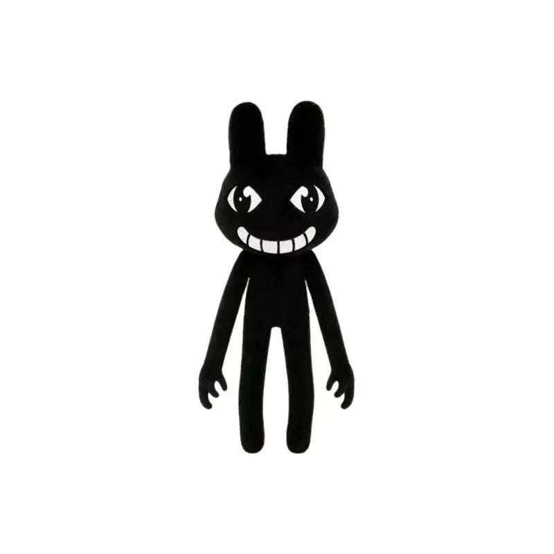 A black plush toy shaped like a rabbit with a wide, toothy grin.