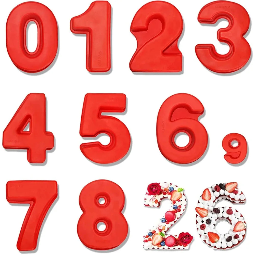 Set rote Silikon-3D-Kuchenformen mit den Zahlen von null bis neun