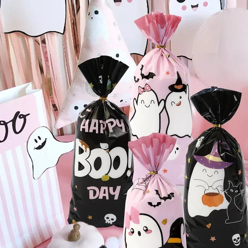 Pink and black Halloween candy treat bags featuring cute ghost and boo designs