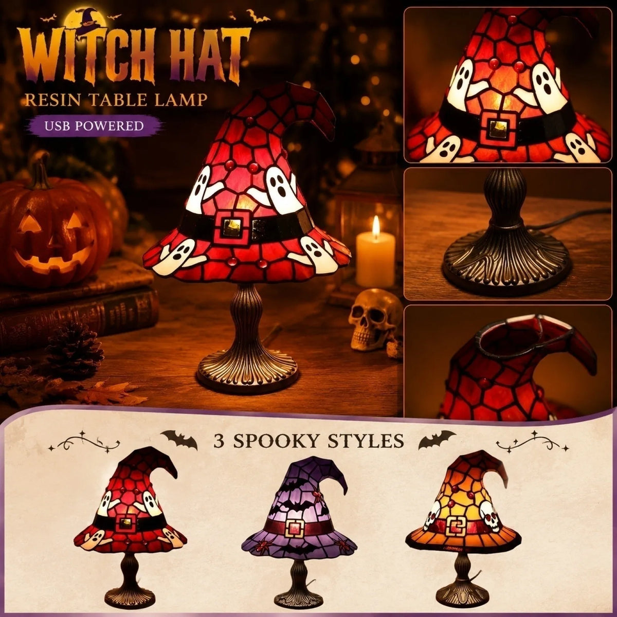 A collection of three spooky style witch hat night lights featuring stained glass effects on a table lamp base.