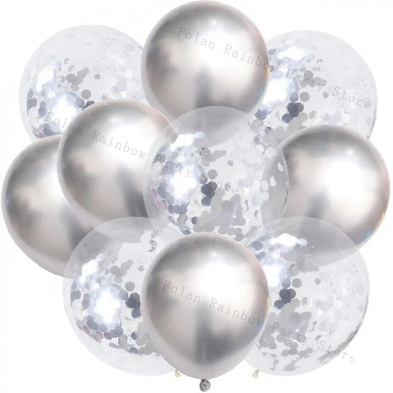 A bunch of silver and white confetti balloons with gold text for parties