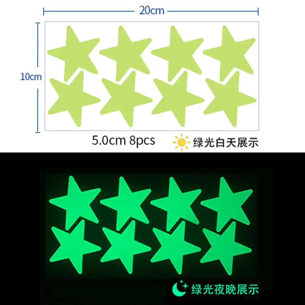 A set of eight glow-in-the-dark yellow stars for wall decoration, showing both daytime and nighttime illumination.