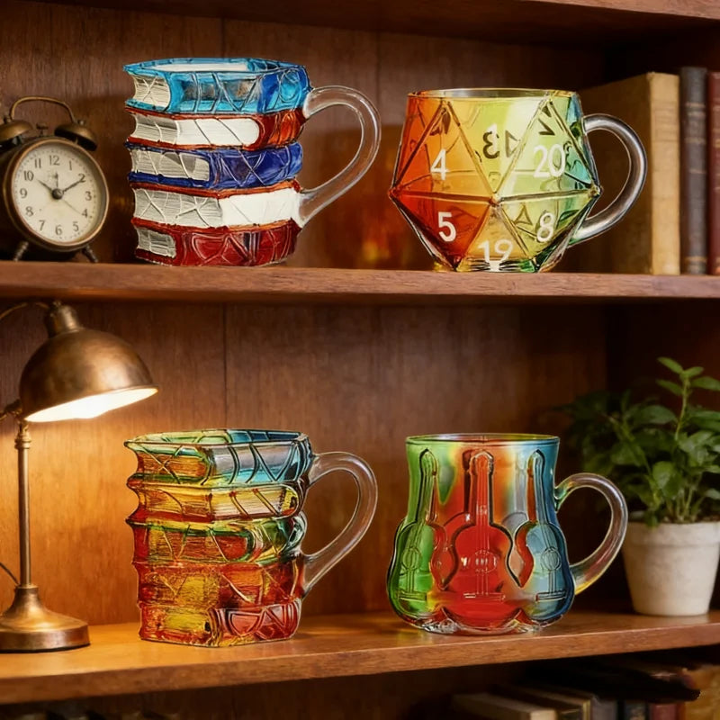 A collection of hand-painted book design mugs in various colors and patterns displayed on wooden shelves.