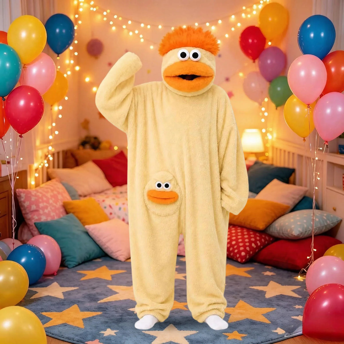 A yellow plush monster loungewear romper standing in a room decorated with colorful balloons and string lights.
