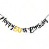Elegant black and gold glitter banner spelling out Happy 50th Birthday