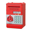 A red automatic mini cash saving piggy bank with numbered slots and a silver keypad.