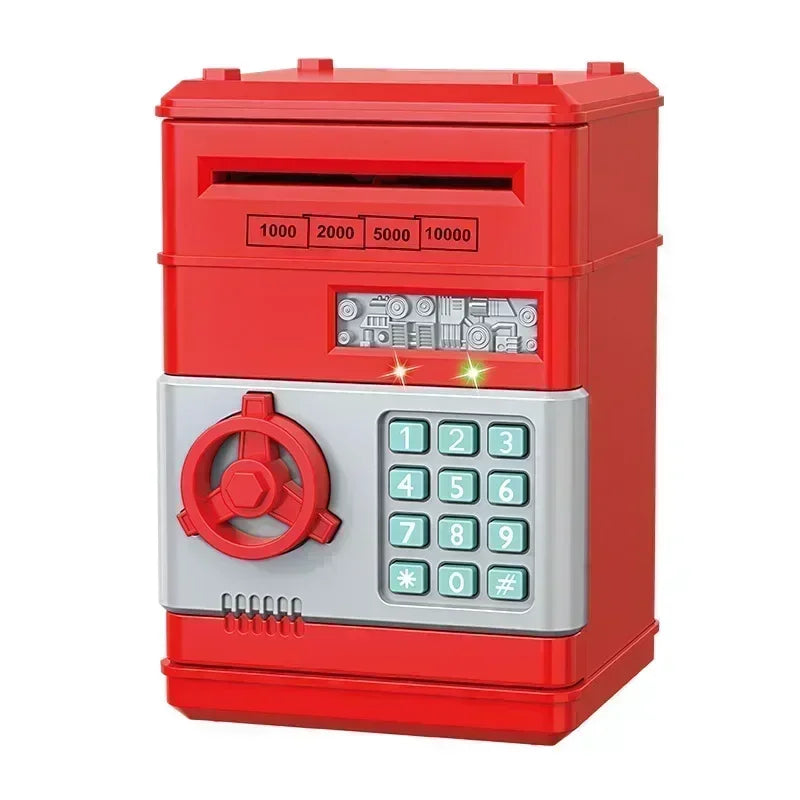 A red automatic mini cash saving piggy bank with numbered slots and a silver keypad.