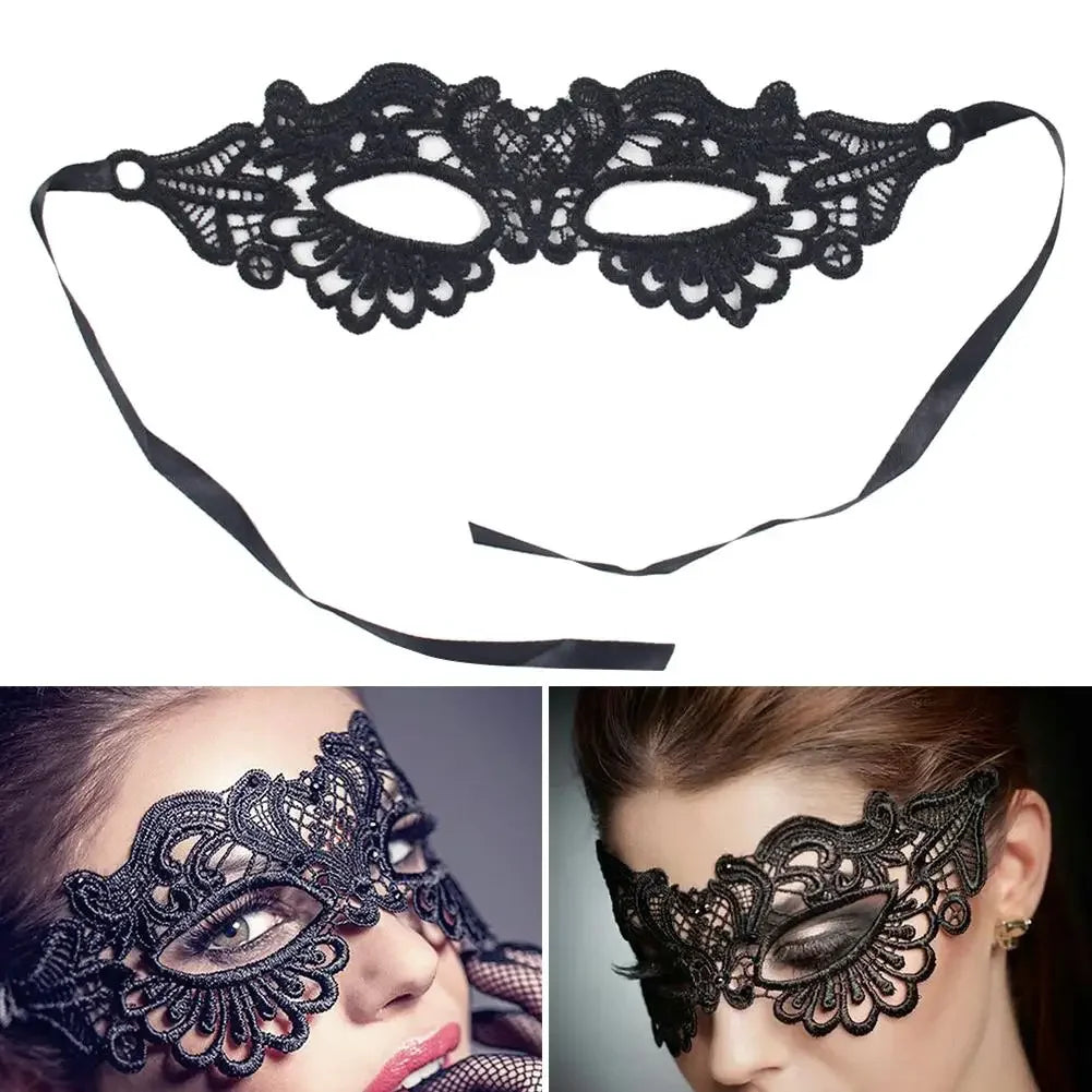 Black lace masquerade mask with black elastic straps shown on a model's face.