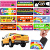Collection de autocollants magnétiques arc-en-ciel avec diverses phrases comme 'Je suis gay' pour voitures et réfrigérateurs.