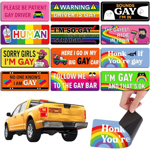 A collection of rainbow pride magnetic decals featuring various sayings like I'm gay and sounds gay for cars and fridges.