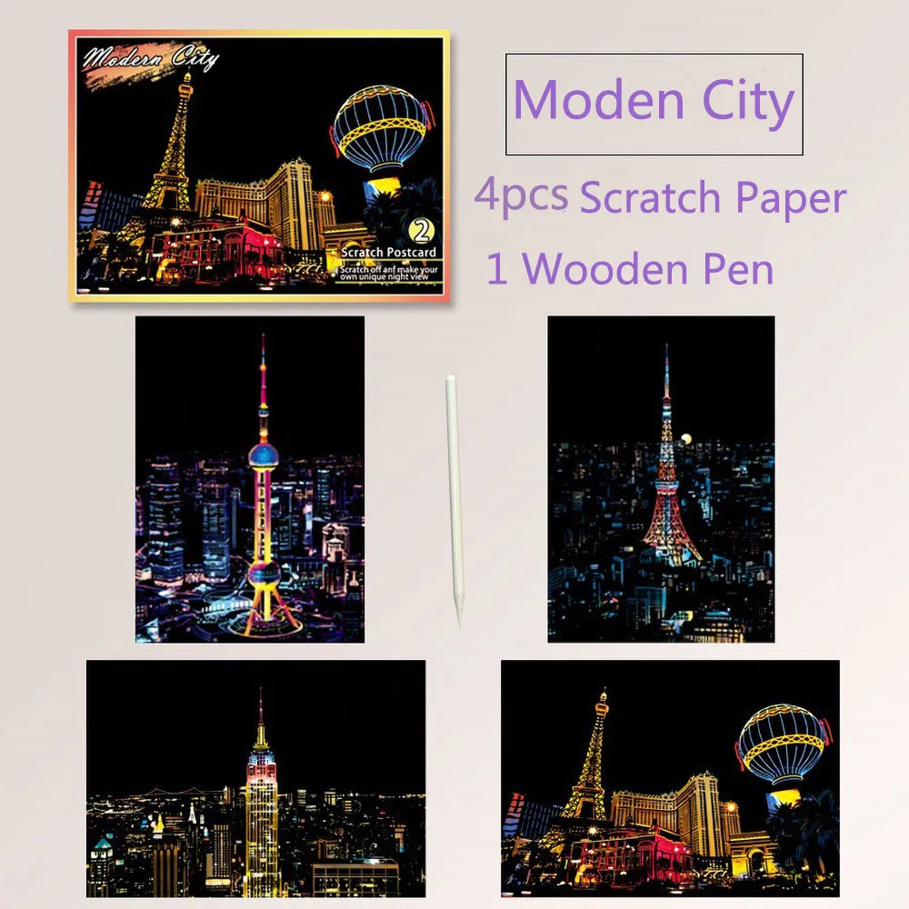 A set of four scratch paper cards and one wooden pen for a Modern City themed DIY painting art kit.