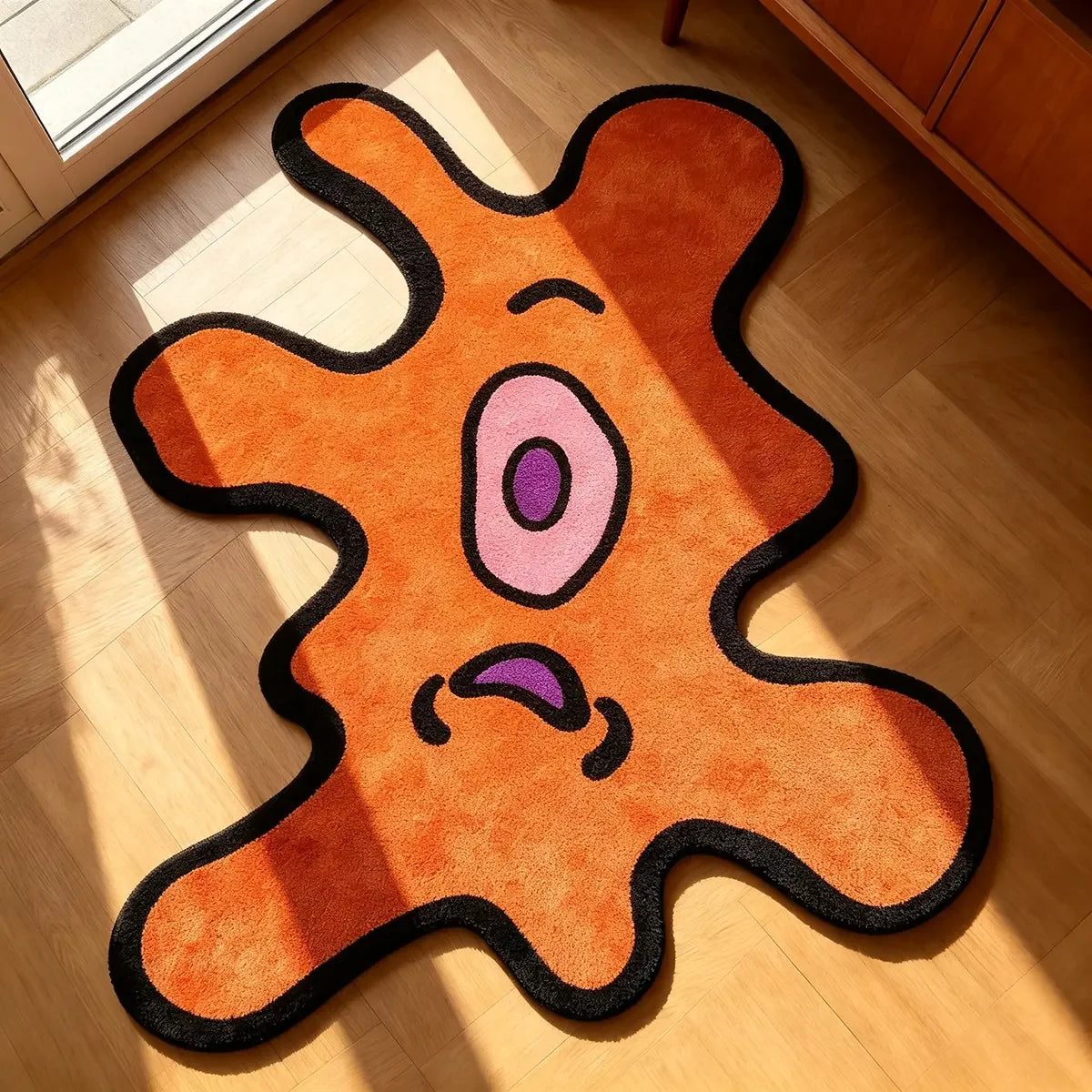 An orange cartoon monster shaped rug with purple eyes and black outline lying on a light wood floor.