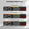 Three rhythm light modes of an LED digital alarm clock light bar displaying time and date.