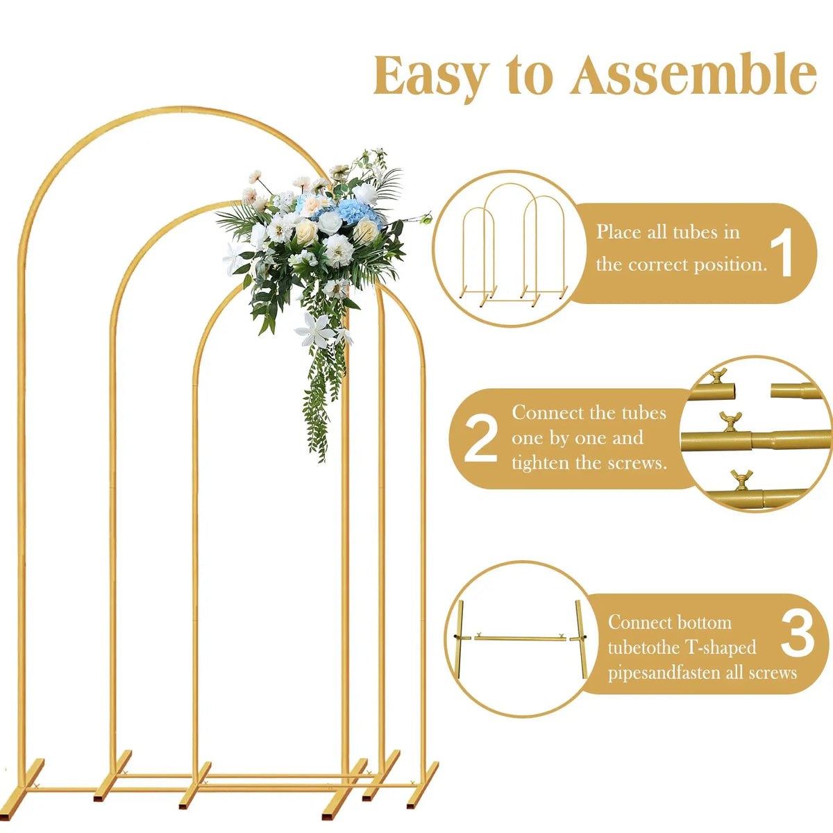 Instructions for assembling a gold metal arched wedding backdrop stand set.