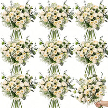 A collection of 30 mixed artificial floral stems featuring white roses, eucalyptus, and baby's breath.