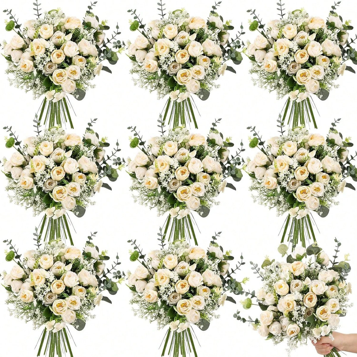 A collection of 30 mixed artificial floral stems featuring white roses, eucalyptus, and baby's breath.