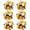 A set of six bouquets featuring yellow and white silk artificial roses arranged as a centerpiece.