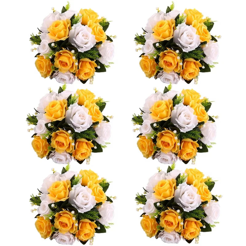 A set of six bouquets featuring yellow and white silk artificial roses arranged as a centerpiece.