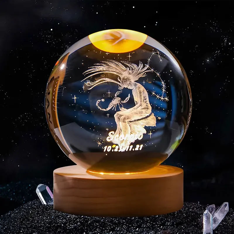 A spherical crystal ball with a dark blue background featuring a white silhouette of a mythical creature and engraved date.