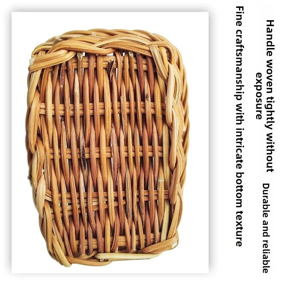 Handwoven rattan storage basket with intricate bottom texture and handles