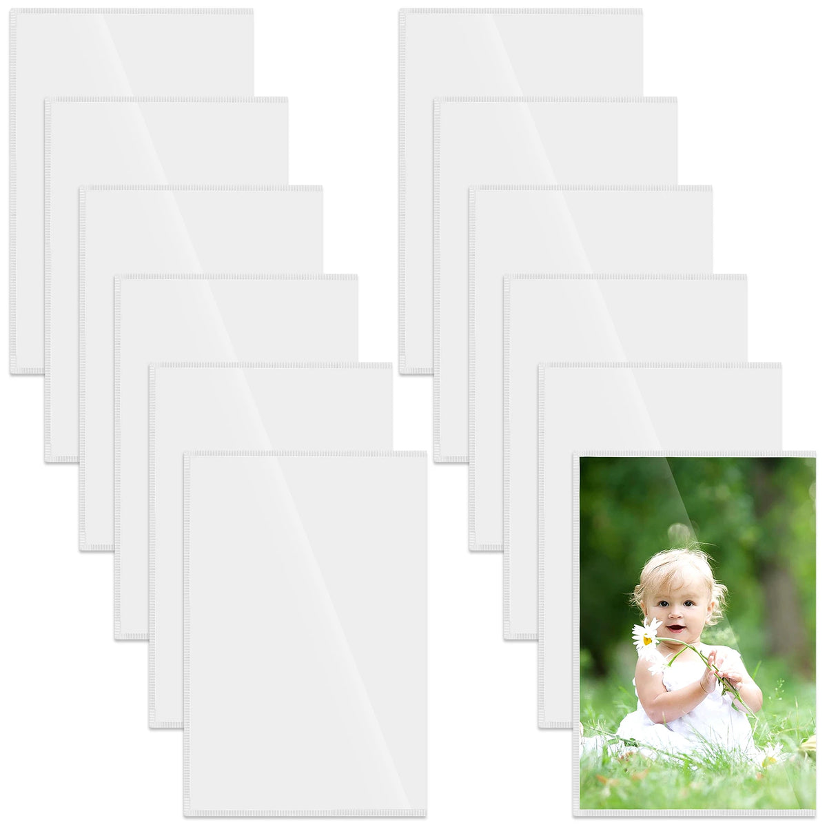 A set of magnetic picture frames in various sizes and orientations, with one frame showing a child outdoors.