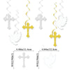 A set of silver and gold cross and dove decorations for faith and celebration parties.