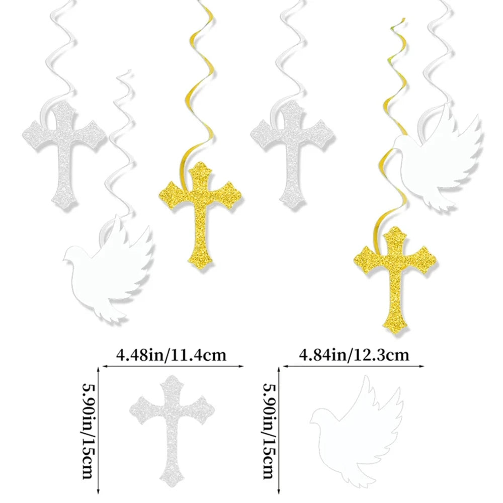 A set of silver and gold cross and dove decorations for faith and celebration parties.