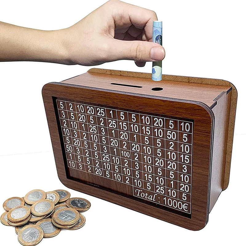A wooden piggy bank filled with coins and a hand holding a coin, demonstrating its capacity for saving goals.