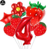 A set of red strawberry shaped balloons and number balloons for a party kit