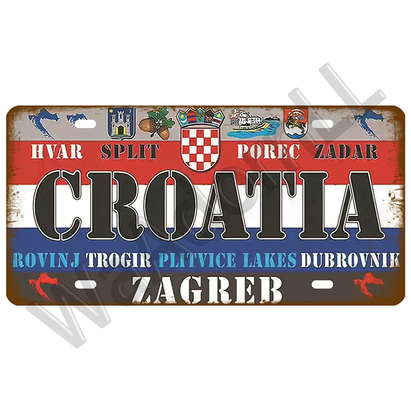 Vintage metal tin sign featuring Croatian regional names and locations like Hvar Split Poreč Zadar Croatia Rovinj Trigir Plit