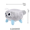 A gray plush toy shaped like a box with light blue feet and a white cross detail.