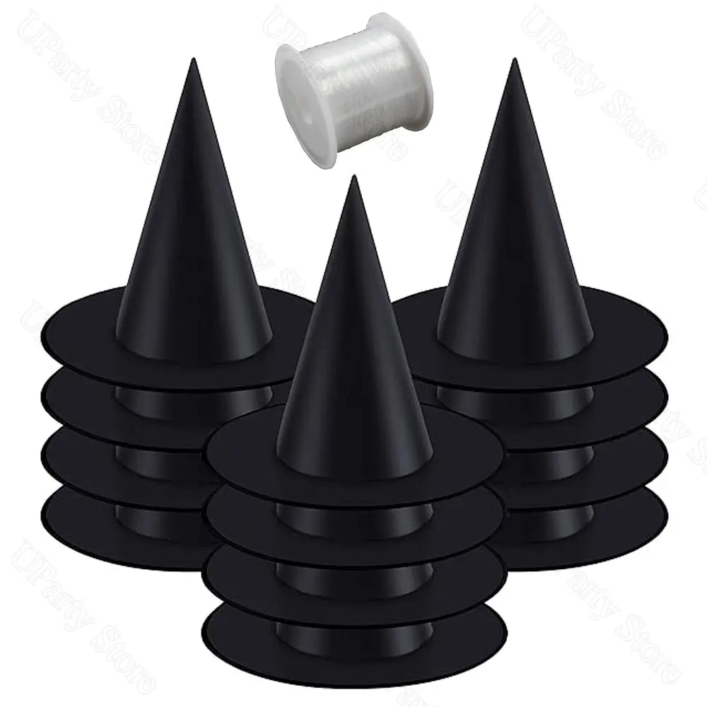 A stack of classic black witch hats with hanging ropes for Halloween décor.