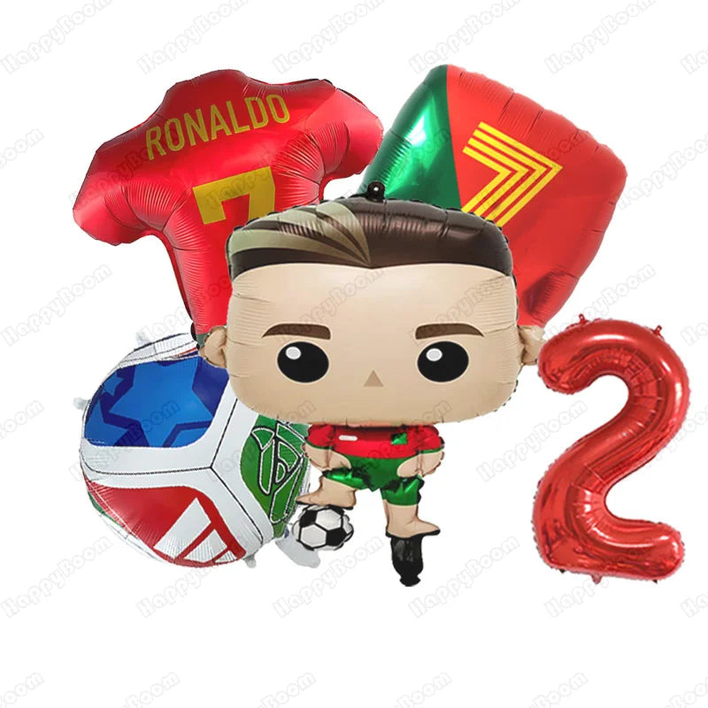 A set of football-themed birthday balloons featuring a soccer player character and a red and green balloon with the name RONA