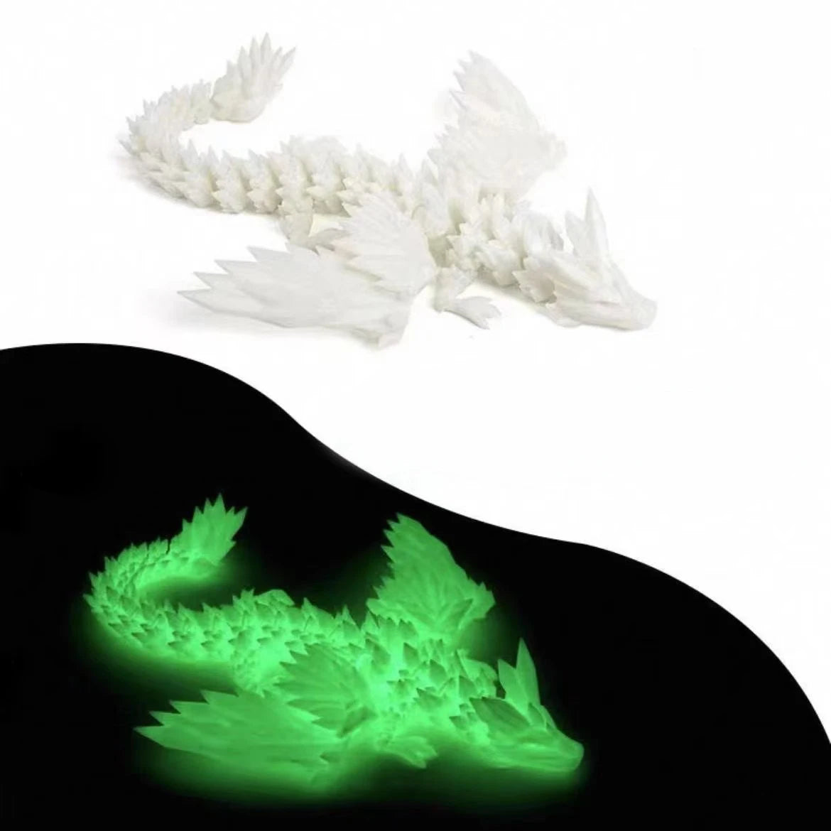 A white dragon ornament, 3D printed, is shown against a black background.