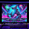 A vibrant tapestry featuring a wizard with a beard surrounded by glowing purple and green light effects.
