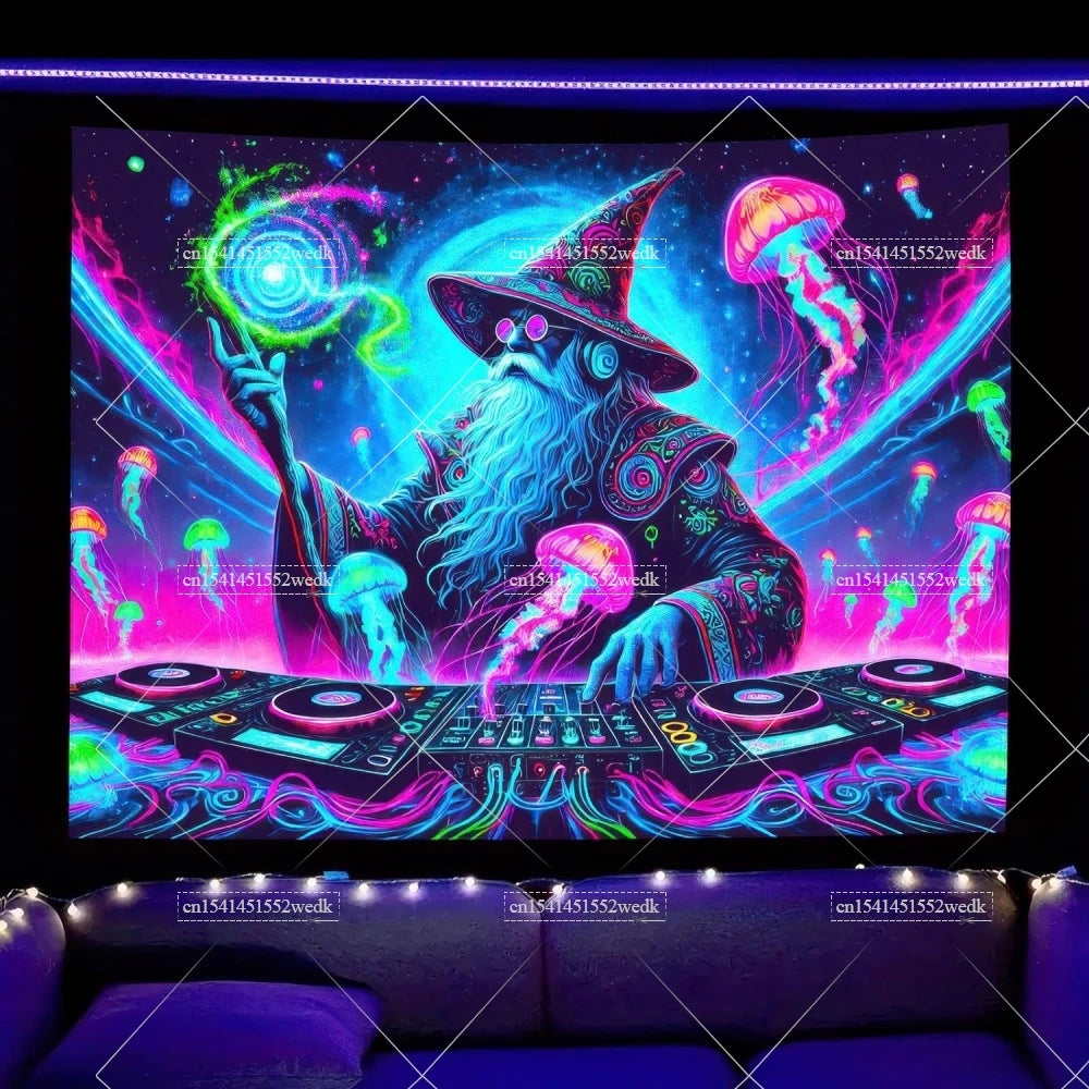 A vibrant tapestry featuring a wizard with a beard surrounded by glowing purple and green light effects.