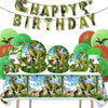 A dinosaur birthday party decoration kit featuring a banner and standing balloons.