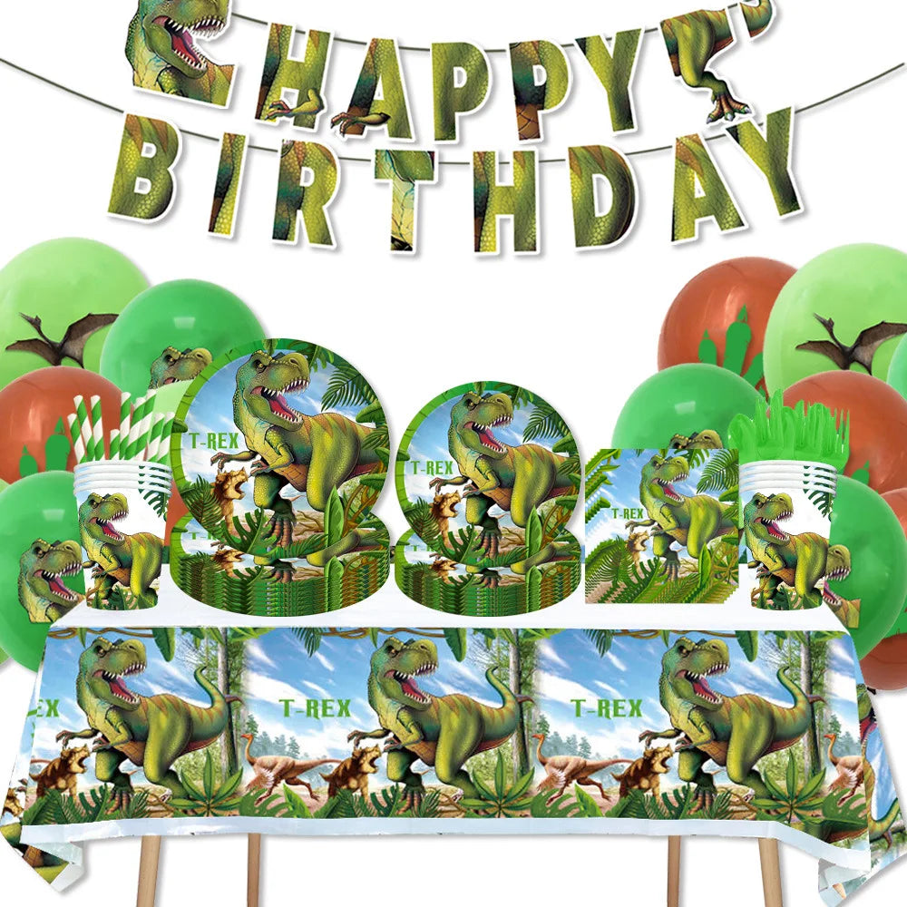 A dinosaur birthday party decoration kit featuring a banner and standing balloons.