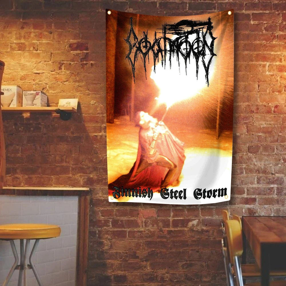 A black metal style flag tapestry wall hanging featuring a figure engulfed in bright light against an orange background.