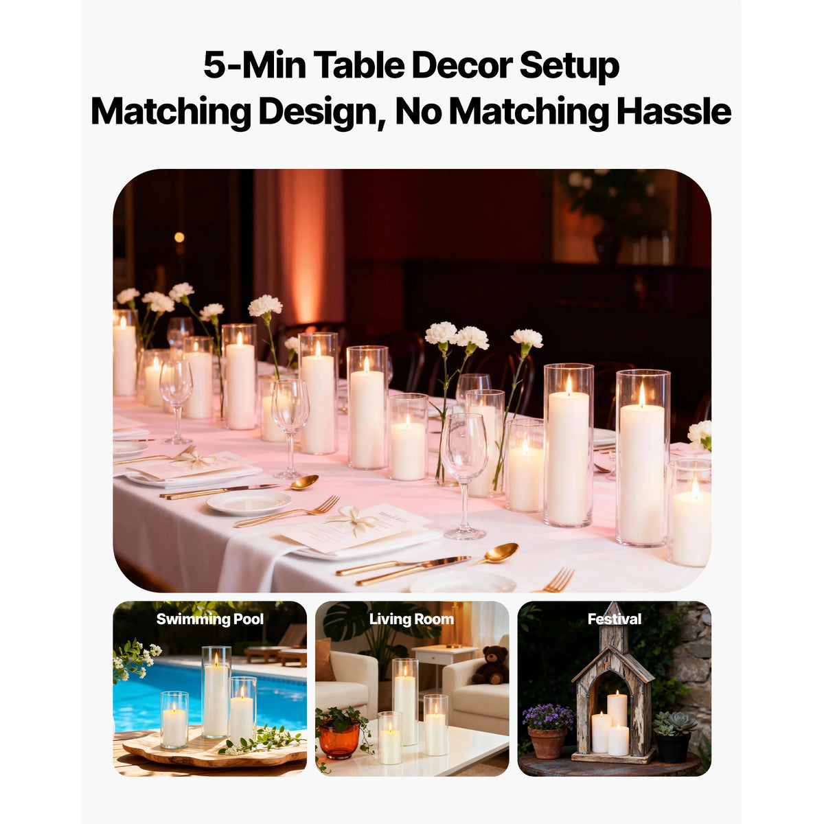 A set of glass cylinder vases with pillar candles displayed on a table setting for home decor and events.