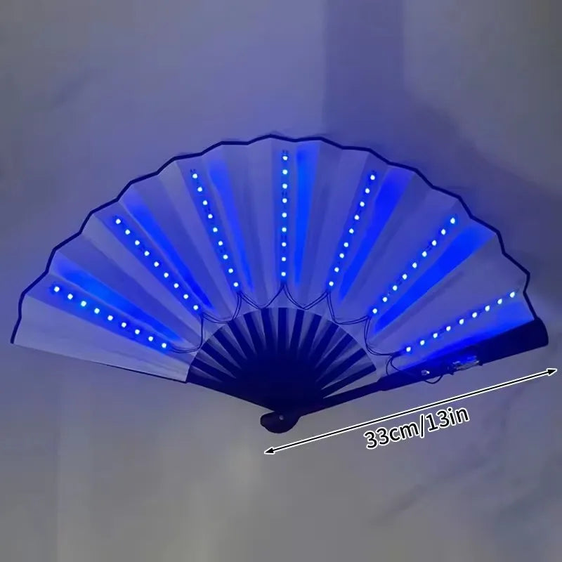 A glowing blue folding LED fan with light rays, displayed against a white background.
