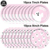 A set of pink ghost-themed plates, including 20 7-inch and 10 9-inch plates for a Halloween party.