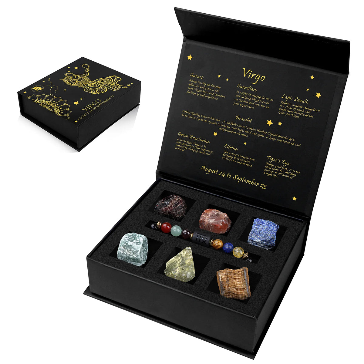 A black gift box containing a natural stone zodiac bracelet and various other stones, with an illustration of the Virgo zodia