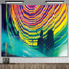 A vibrant tapestry featuring psychedelic, wavy lines in purple, orange, and green hues.