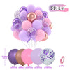A bunch of 50 latex balloons in pastel purple, blue, and pink with confetti decorations.
