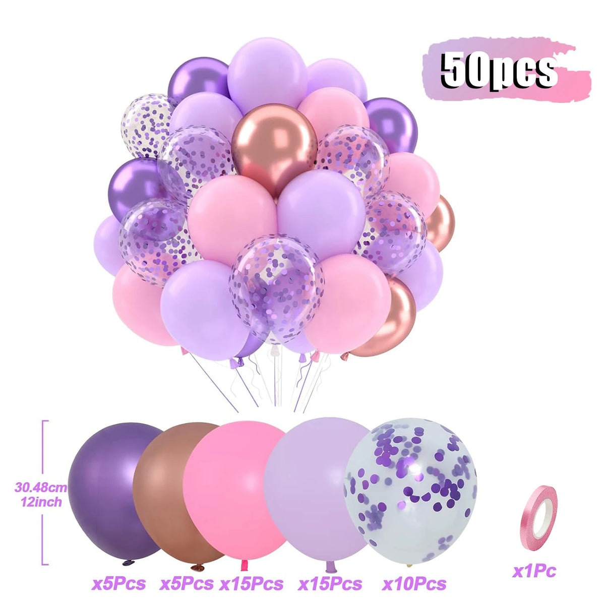 A bunch of 50 latex balloons in pastel purple, blue, and pink with confetti decorations.
