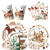 A set of disposable tableware featuring a western theme with horses, cacti, and rustic elements.